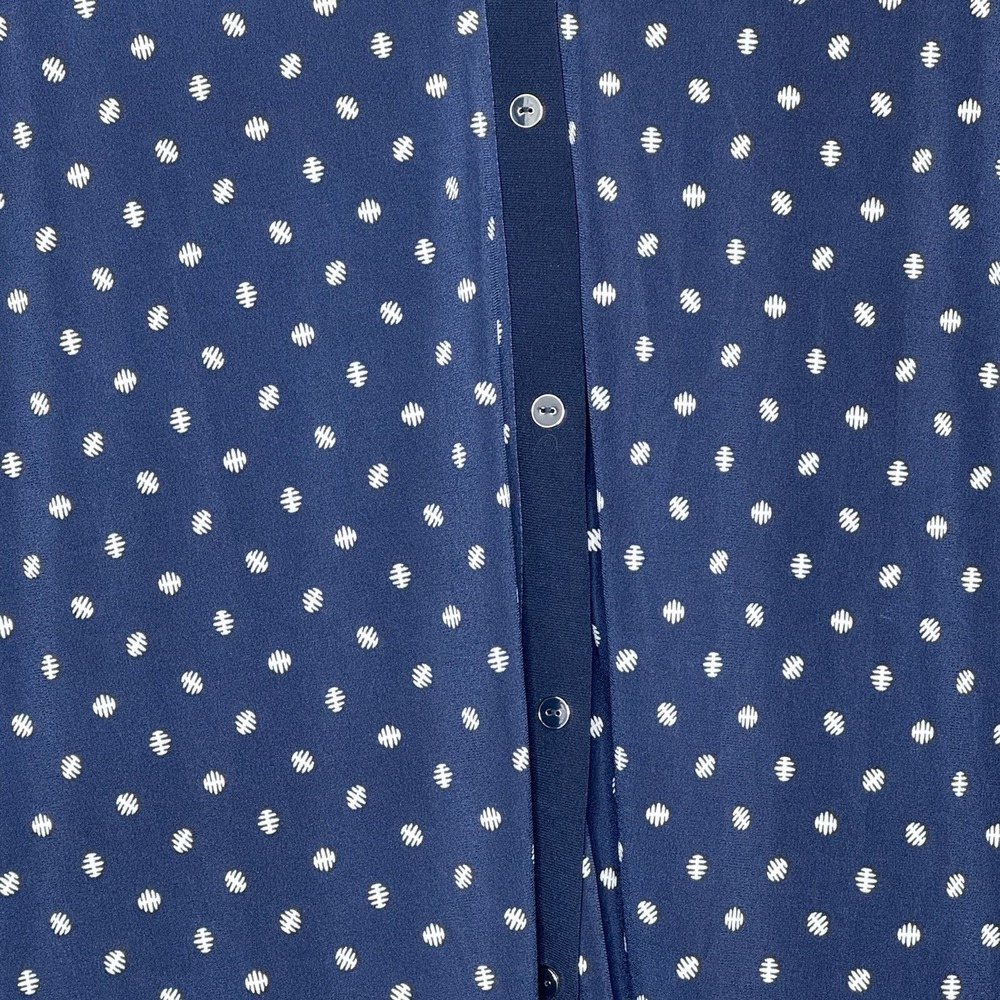 Elie McCarthy 2X Top Shirt Navy Blue Polka Dot Button Up  V Neck Short Sleeve - Picture 2 of 7